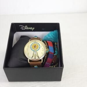 Disney NEW Pocahontas Brown Leather Watch Bracelet Set Beaded Tassel Teal